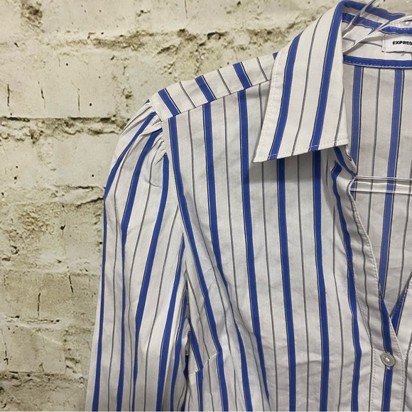 Express Blue White Striped Cotton Stretch V Neck Button Up Top - Picture 2 of 6